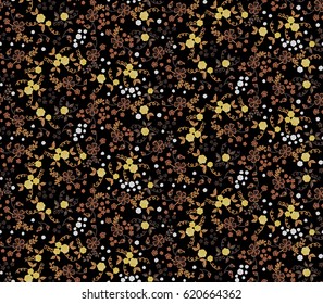 Small Flowers on Black Background. Pattern with Dark Floral Ornament. Colorful Print in Retro Desaturated Colors. Trendy Small Blossoms for Calico, Chintz, Printed Cotton or Wallpaper