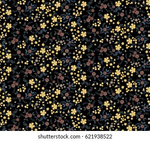 Small Flowers on Black Background. Pattern with Dark Floral Ornament. Colorful Print in Retro Desaturated Colors. Trendy Small Blossoms for Calico, Chintz, Printed Cotton or Wallpaper