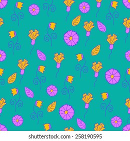 Small flowers on green background, vector seamless pattern, bellflower,carnation,leaf