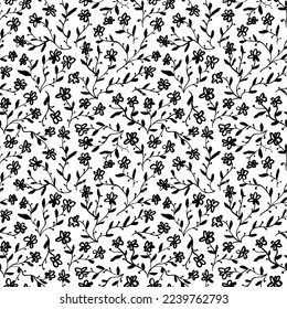 Small flowers on stems seamless pattern. Scattered cute flowers with thin stems and small leaves. Ditsy print. Simple botanical texture. Black and white spring ornament. Hand drawn botanical elements.