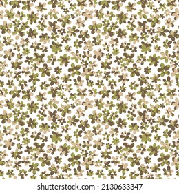 Small Flowers on White Background. Light Retro Pattern. Calico Print. Faded olive green Flowers in Vintage Style. Liberty Rustic Pattern for Chintz, Textile, Feminine Fabric, Wallpaper