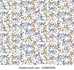 Small Flowers on White Background. Light Retro Pattern. Calico Print. Faded Flowers in Vintage Style. Liberty Rustic Pattern for Chintz, Textile, Feminine Fabric, Wallpaper