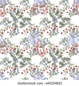 Kleine Blumen auf weißem Hintergrund. Helles Retro-Muster. Nahtlose Calico Print. Verblasste Blumen im Vintage-Stil. Freies rustikales Muster für Chintz, Textilien, Feminine Stoffe, Tapeten