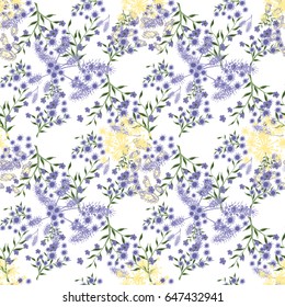 Small Flowers on White Background. Light Retro Pattern. Seamless Calico Print. Faded Flowers in Vintage Style. Liberty Rustic Pattern for Chintz, Textile, Feminine Fabric, Wallpaper