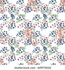 Small Flowers on White Background. Light Retro Pattern. Seamless Calico Print. Faded Flowers in Vintage Style. Liberty Rustic Pattern for Chintz, Textile, Feminine Fabric, Wallpaper