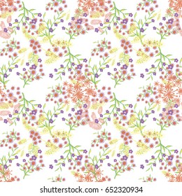 Small Flowers on White Background. Light Retro Pattern. Seamless Calico Print. Faded Flowers in Vintage Style. Liberty Rustic Pattern for Chintz, Textile, Feminine Fabric, Wallpaper