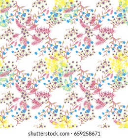 Small Flowers on White Background. Light Retro Pattern. Seamless Calico Print. Faded Flowers in Vintage Style. Liberty Rustic Pattern for Chintz, Textile, Feminine Fabric, Wallpaper