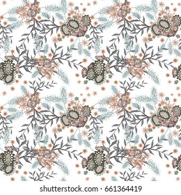 Small Flowers on White Background. Light Retro Pattern. Seamless Calico Print. Faded Flowers in Vintage Style. Rustic Pattern for Chintz, Textile, Feminine Fabric, Wallpaper
