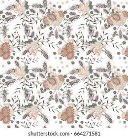 Small Flowers on White Background. Light Retro Pattern. Seamless Calico Print. Faded Flowers in Vintage Style. Liberty Rustic Pattern for Chintz, Textile, Feminine Fabric, Wallpaper