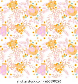 Small Flowers on White Background. Light Retro Pattern. Seamless Calico Print. Faded Flowers in Vintage Style. Liberty Rustic Pattern for Chintz, Textile, Feminine Fabric, Wallpaper