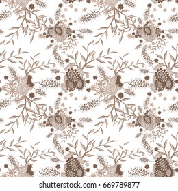 Small Flowers on White Background. Light Retro Pattern. Seamless Calico Print. Faded Flowers in Vintage Style. Liberty Rustic Pattern for Chintz, Textile, Feminine Fabric, Wallpaper