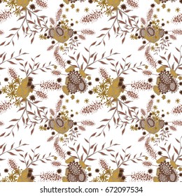 Small Flowers on White Background. Light Retro Pattern. Seamless Calico Print. Faded Flowers in Vintage Style. Liberty Rustic Pattern for Chintz, Textile, Feminine Fabric, Wallpaper