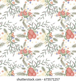 Small Flowers on White Background. Light Retro Pattern. Seamless Calico Print. Faded Flowers in Vintage Style. Liberty Rustic Pattern for Chintz, Textile, Feminine Fabric, Wallpaper