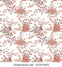 Small Flowers on White Background. Light Retro Pattern. Seamless Calico Print. Faded Flowers in Vintage Style. Liberty Rustic Pattern for Chintz, Textile, Feminine Fabric, Wallpaper