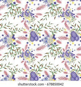 Small Flowers on White Background. Light Retro Pattern. Seamless Calico Print. Faded Flowers in Vintage Style. Liberty Rustic Pattern for Chintz, Textile, Feminine Fabric, Wallpaper