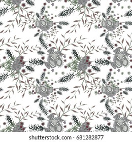 Small Flowers on White Background. Light Retro Pattern. Seamless Calico Print. Faded Flowers in Vintage Style. Liberty Rustic Pattern for Chintz, Textile, Feminine Fabric, Wallpaper