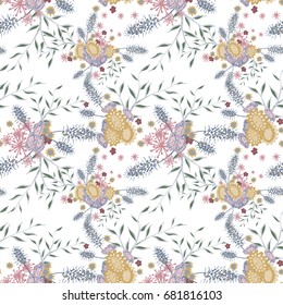 Small Flowers on White Background. Light Retro Pattern. Seamless Calico Print. Faded Flowers in Vintage Style. Liberty Rustic Pattern for Chintz, Textile, Feminine Fabric, Wallpaper