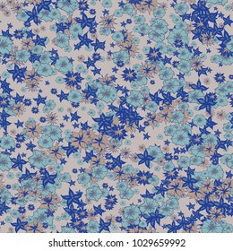 Small Flowers. Pattern for Print. Trendy Floral Rapport for Textile, Fabric, Paper. Little Flowers in Vintage Faded Colors. Small Pattern with Hand Drawn Elements. Vector Autumn Background