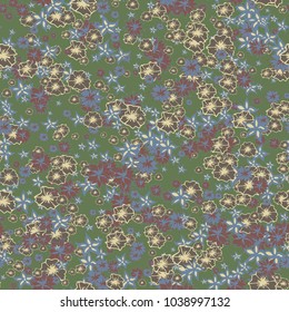 Small Flowers. Pattern for Print. Trendy Floral Rapport for Textile, Fabric, Paper. Little Flowers in Vintage Faded Colors. Small Pattern with Hand Drawn Elements. Vector Autumn Background