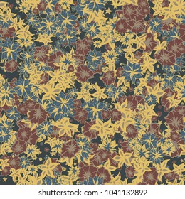 Small Flowers. Pattern for Print. Trendy Floral Rapport for Textile, Fabric, Paper. Little Flowers in Vintage Faded Colors. Small Pattern with Hand Drawn Elements. Vector Autumn Background
