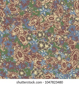 Small Flowers. Pattern for Print. Trendy Floral Rapport for Textile, Fabric, Paper. Little Flowers in Vintage Faded Colors. Small Pattern with Hand Drawn Elements. Vector Autumn Background
