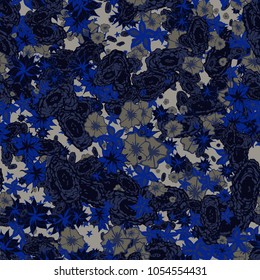 Small Flowers. Pattern for Print. Trendy Floral Rapport for Textile, Fabric, Paper. Little Flowers in Vintage Faded Colors. Small Pattern with Hand Drawn Elements. Vector Autumn Background