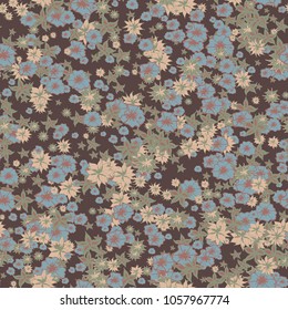 Small Flowers. Pattern for Print. Trendy Floral Rapport for Textile, Fabric, Paper. Little Flowers in Vintage Faded Colors. Small Pattern with Hand Drawn Elements. Vector Autumn Background