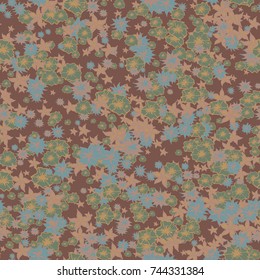 Small Flowers. Pattern for Print. Trendy Floral Rapport for Textile, Fabric, Paper. Little Flowers in Vintage Faded Colors. Small Pattern with Hand Drawn Elements. Vector Autumn Background