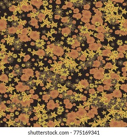 Small Flowers. Pattern for Print. Trendy Floral Rapport for Textile, Fabric, Paper. Little Flowers in Vintage Faded Colors. Small Pattern with Hand Drawn Elements. Vector Autumn Background