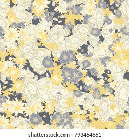 Small Flowers. Pattern for Print. Trendy Floral Rapport for Textile, Fabric, Paper. Little Flowers in Vintage Faded Colors. Small Pattern with Hand Drawn Elements. Vector Autumn Background