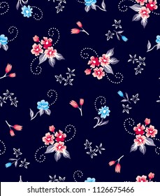 Small flowers pattern with sprial leaves on dark blue background for textile print