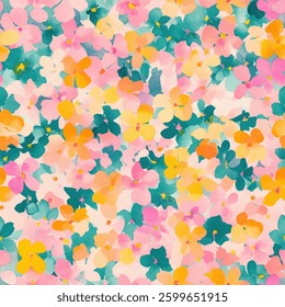 Small flowers in pink, yellow, and teal on a white background. watercolor flower seamless pattern. Watercolor print in rustic vintage style, textile or wallpaper.