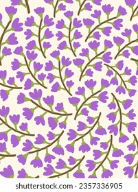 Small flowers in purple on yellow background for web banner, business presentation, branding package, fabric print, wallpaper, social media post, doodle, notes, book covers, wall decor.