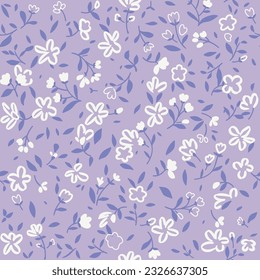 Small flowers repeating white line doodle style with pastel lilac background. Ditsy Floral seamless pattern, spring wildflower color