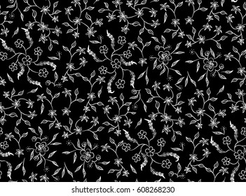 Small Flowers in Seamless Pattern. Black And White Simple Texture. Dense Floral Ornament for Chintz, Calico, Wallpaper, Printed Cotton. Feminine Minimalistic Pattern. Vintage Upholstery