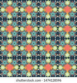 Small flowers seamless pattern in blue, green and orange colors. Vector multicolored branches with flowers. Vector illustration.