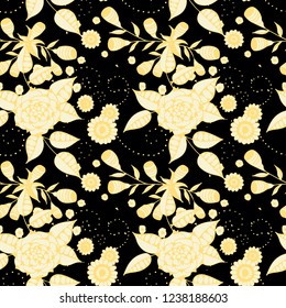 Small Flowers. Seamless Pattern in Country Style. Spring Floral Texture with Hand Drawn Doodle Blossoms, Leaves and Buds. Small Natural Rapport for Chintz, Linen, Calico. Vector.