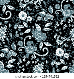 Small Flowers. Seamless Pattern in Country Style. Autumn Floral Texture with Hand Drawn Doodle Blossoms, Leaves and Buds. Small Natural Rapport for Dress, Cloth, Paper. Vector Zentangle.