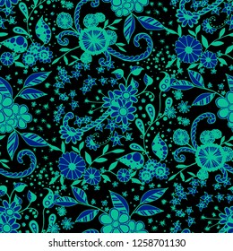 Small Flowers. Seamless Pattern in Country Style. Summer Floral Texture with Hand Drawn Doodle Blossoms, Leaves and Buds. Small Natural Rapport for Fabric, Cloth, Textile. Vector Zentangle.