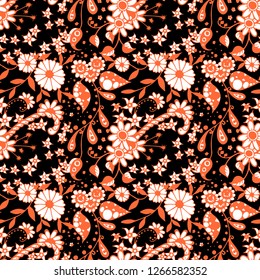 Small Flowers. Seamless Pattern in Country Style. Spring Floral Texture with Hand Drawn Doodle Blossoms, Leaves and Buds. Small Natural Rapport for Dress, Print, Cotton. Vector Zentangle.