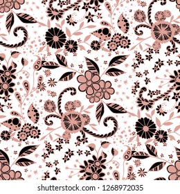 Small Flowers. Seamless Pattern in Country Style. Summer Floral Texture with Hand Drawn Doodle Blossoms, Leaves and Buds. Small Natural Rapport for Print, Cotton, Calico. Vector Zentangle.