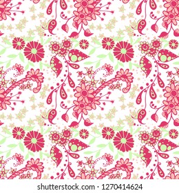 Small Flowers. Seamless Pattern in Country Style. Spring Floral Texture with Hand Drawn Doodle Blossoms, Leaves and Buds. Small Natural Rapport for Dress, Print, Paper. Vector Zentangle.