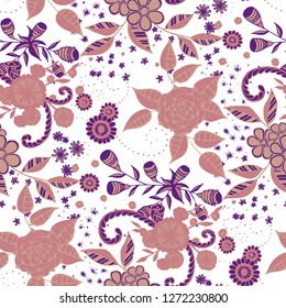 Small Flowers. Seamless Pattern in Country Style. Spring Floral Texture with Hand Drawn Doodle Blossoms, Leaves and Buds. Small Natural Rapport for Fabric, Cloth, Paper. Vector.