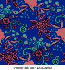 Small Flowers. Seamless Pattern in Country Style. Spring Floral Texture with Hand Drawn Doodle Blossoms, Leaves and Buds. Small Natural Rapport for Chintz, Linen, Textile. Vector.