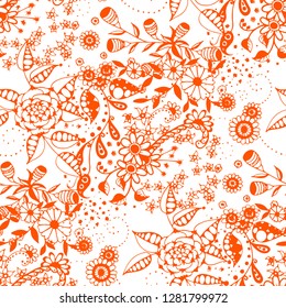 Small Flowers. Seamless Pattern in Country Style. Spring Floral Texture with Hand Drawn Doodle Blossoms, Leaves and Buds. Small Natural Rapport for Dress, Print, Paper. Vector.