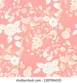 Small Flowers. Seamless Pattern in Country Style. Summer Floral Texture with Hand Drawn Doodle Blossoms, Leaves and Buds. Small Natural Rapport for Dress, Print, Cotton. Vector.