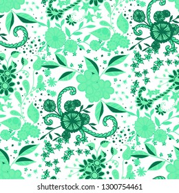 Small Flowers. Seamless Pattern in Country Style. Summer Floral Texture with Hand Drawn Doodle Blossoms, Leaves and Buds. Small Natural Rapport for Fabric, Linen, Textile. Vector Zentangle.