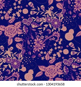 Small Flowers. Seamless Pattern in Country Style. Autumn Floral Texture with Hand Drawn Doodle Blossoms, Leaves and Buds. Small Natural Rapport for Fabric, Cloth, Paper. Vector.