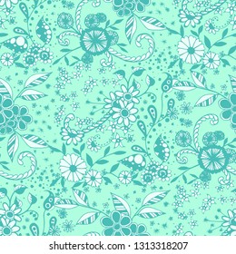 Small Flowers. Seamless Pattern in Country Style. Spring Floral Texture with Hand Drawn Doodle Blossoms, Leaves and Buds. Small Natural Rapport for Chintz, Linen, Textile. Vector Zentangle.