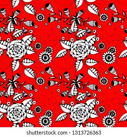 Small Flowers. Seamless Pattern in Country Style. Summer Floral Texture with Hand Drawn Doodle Blossoms, Leaves and Buds. Small Natural Rapport for Fabric, Linen, Textile. Vector.